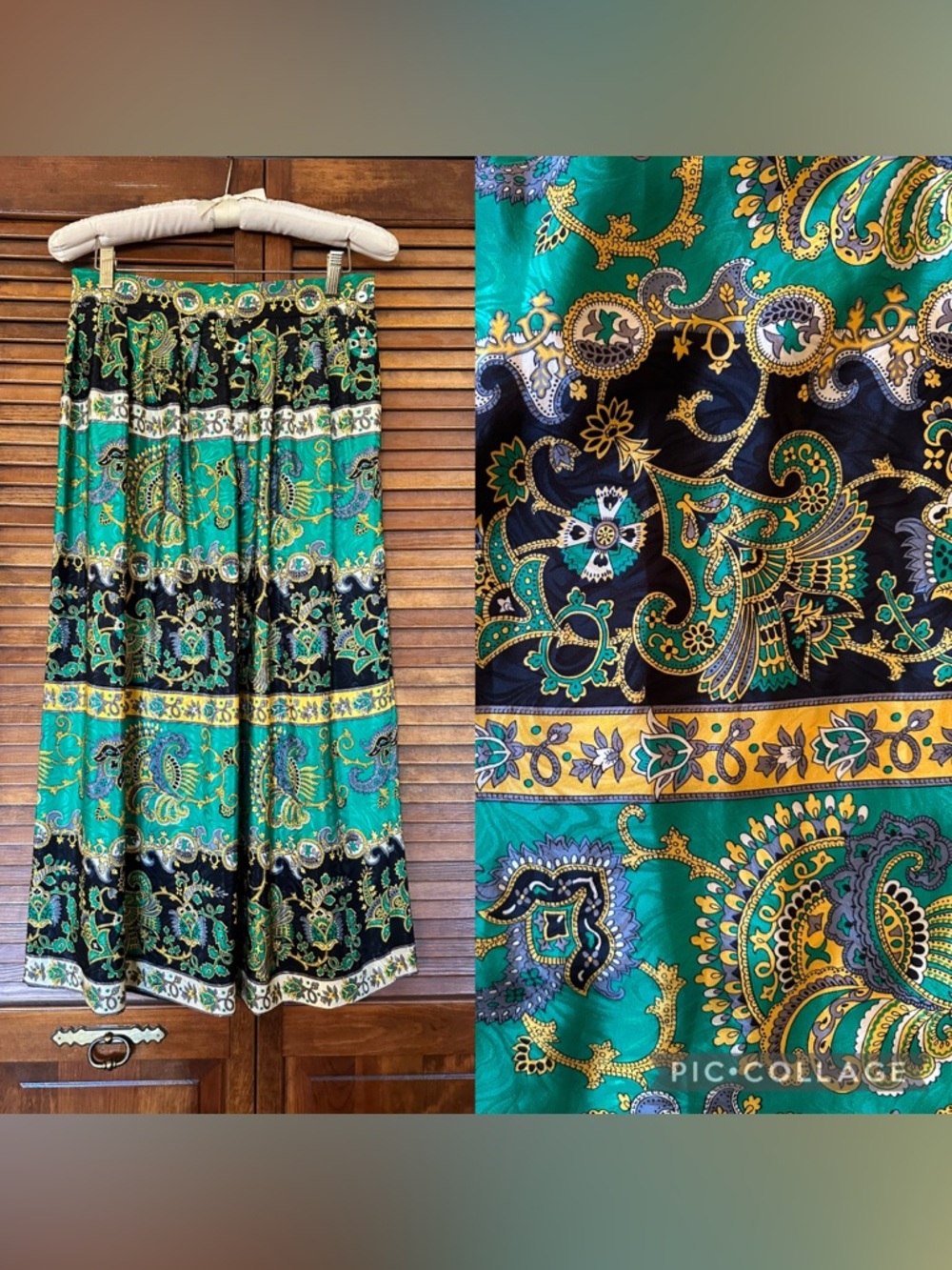 Vintage Silk feel Green, Black, Gray & Gold Paisley Flowy Maxi Skirt
